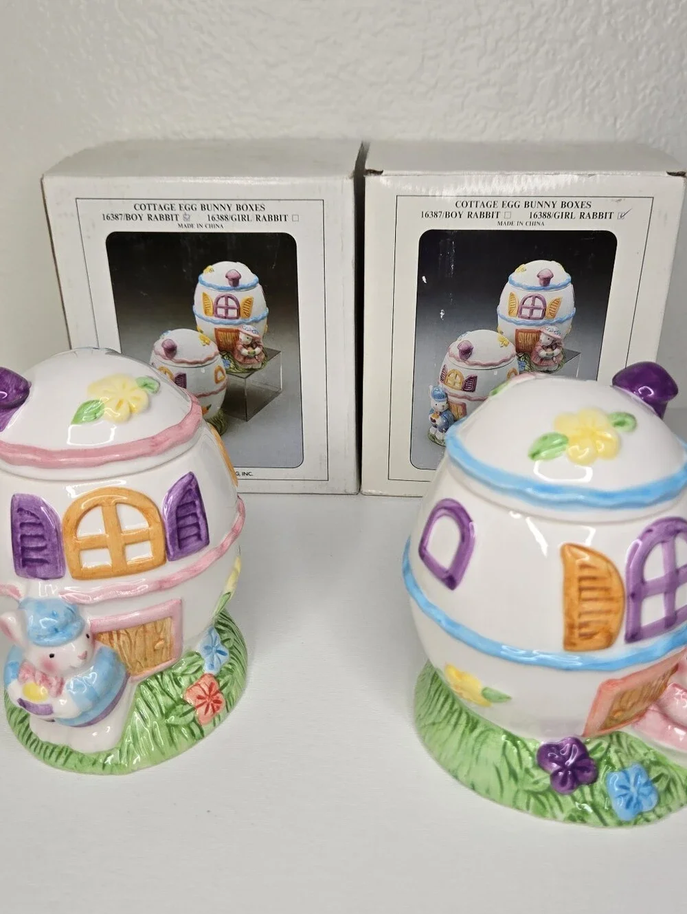 Ceramic Cottage Egg Bunny Girl and Boy Set Easter Candy Jars VTG Whimsical